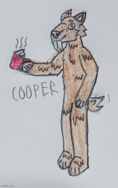 I made a Smilodon Fursona for myself. His name is Cooper and he loves hot cocoa! | image tagged in saber-toothed tiger,fursona,hot chocolate | made w/ Imgflip meme maker