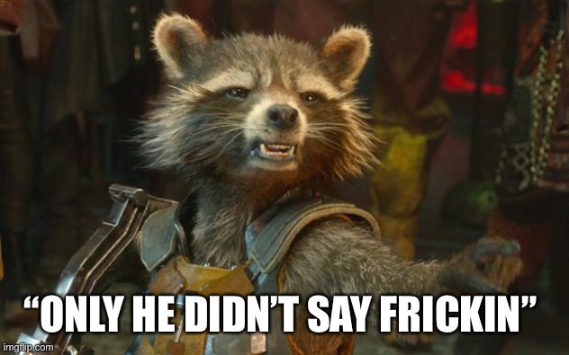 Rocket Raccoon | “ONLY HE DIDN’T SAY FRICKIN” | image tagged in rocket raccoon | made w/ Imgflip meme maker