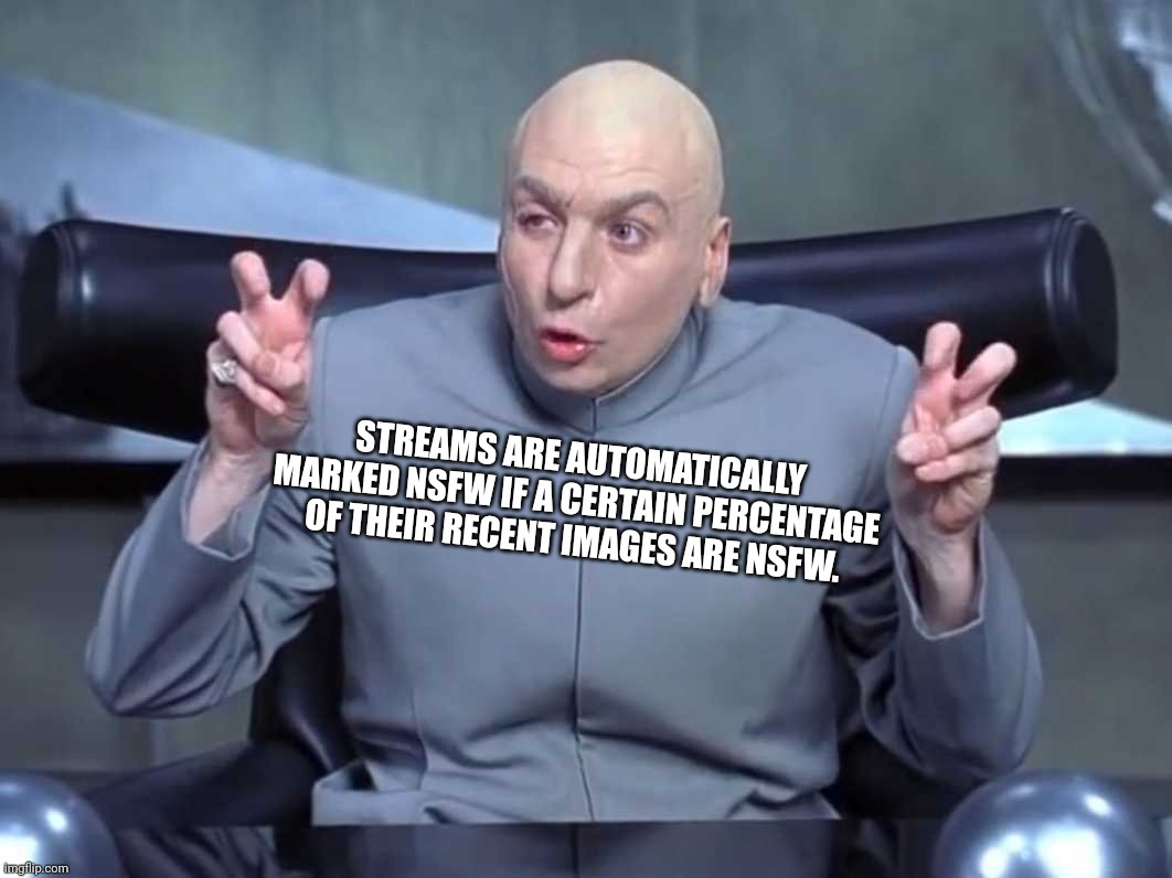 Dr Evil air quotes | STREAMS ARE AUTOMATICALLY MARKED NSFW IF A CERTAIN PERCENTAGE OF THEIR RECENT IMAGES ARE NSFW. | image tagged in dr evil air quotes | made w/ Imgflip meme maker