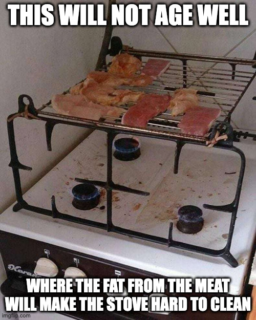 Grill on a Stove Top | THIS WILL NOT AGE WELL; WHERE THE FAT FROM THE MEAT WILL MAKE THE STOVE HARD TO CLEAN | image tagged in grill,memes,stove | made w/ Imgflip meme maker