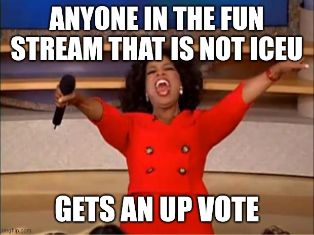 The one that is gets the down | ANYONE IN THE FUN STREAM THAT IS NOT ICEU; GETS AN UP VOTE | image tagged in memes,oprah you get a | made w/ Imgflip meme maker