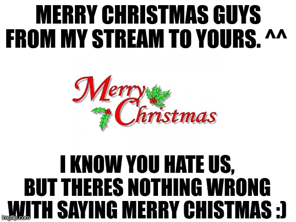 merry christmas. | MERRY CHRISTMAS GUYS FROM MY STREAM TO YOURS. ^^; I KNOW YOU HATE US, BUT THERES NOTHING WRONG WITH SAYING MERRY CHISTMAS :) | image tagged in blank white template,merry christmas,happy holidays,christmas | made w/ Imgflip meme maker