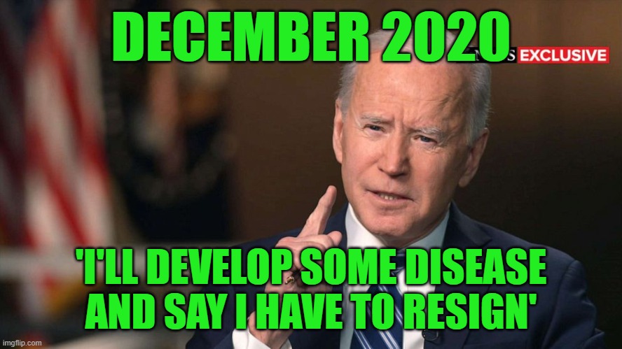 Joe Biden interview | DECEMBER 2020 'I'LL DEVELOP SOME DISEASE AND SAY I HAVE TO RESIGN' | image tagged in joe biden interview | made w/ Imgflip meme maker