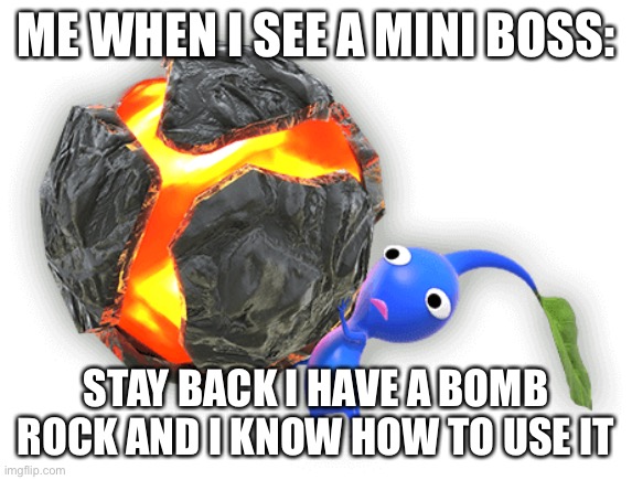 You don’t want to mess with me | ME WHEN I SEE A MINI BOSS:; STAY BACK I HAVE A BOMB ROCK AND I KNOW HOW TO USE IT | image tagged in blue pikmin with bomb rock | made w/ Imgflip meme maker