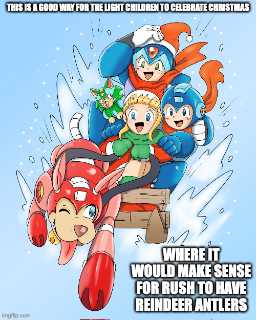 Light Children on a Sled | THIS IS A GOOD WAY FOR THE LIGHT CHILDREN TO CELEBRATE CHRISTMAS; WHERE IT WOULD MAKE SENSE FOR RUSH TO HAVE REINDEER ANTLERS | image tagged in christmas,megaman,megaman x,memes | made w/ Imgflip meme maker