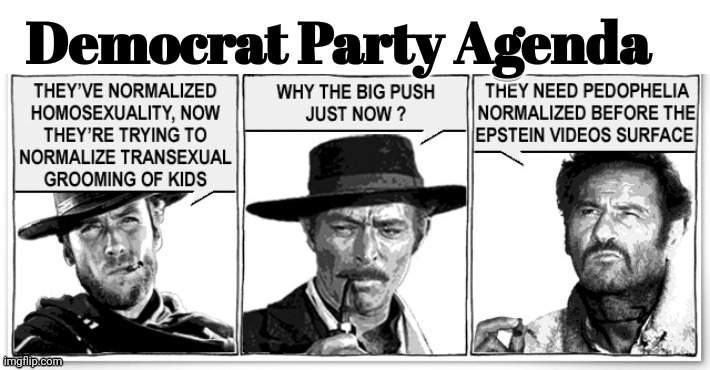 Democrat Party Agenda | THEY NEED PEDOPHILIA NORMALIZED BEFORE THE EPSTEIN VIDEOS SURFACE; WHY THE BIG PUSH NOW? THEY'VE NORMALIZED HOMOSEXUALITY, NOW THEY'RE TRYING TO NORMALIZE TRANSEXUAL GROOMING OF KIDS; Democrat Party Agenda | image tagged in democrat,agenda,groom,children,new normal | made w/ Imgflip meme maker