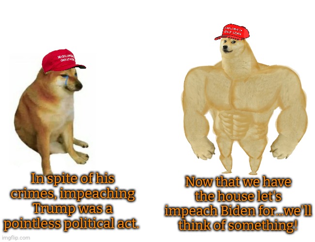 Already making plans. | Now that we have the house let's impeach Biden for...we'll think of something! In spite of his crimes, impeaching Trump was a pointless political act. | image tagged in cheems vs buff doge flipped,congress,gop hypocrite | made w/ Imgflip meme maker