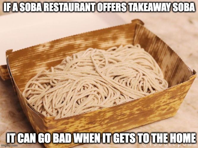 Fresh Takeaway Soba | IF A SOBA RESTAURANT OFFERS TAKEAWAY SOBA; IT CAN GO BAD WHEN IT GETS TO THE HOME | image tagged in soba,noodles,memes | made w/ Imgflip meme maker