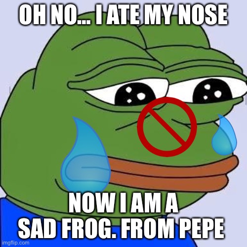 pepe | OH NO… I ATE MY NOSE; NOW I AM A SAD FROG. FROM PEPE | image tagged in pepe | made w/ Imgflip meme maker