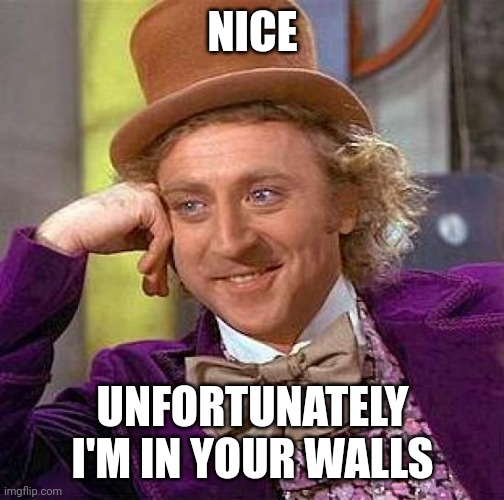 Creepy Condescending Wonka Meme | NICE UNFORTUNATELY I'M IN YOUR WALLS | image tagged in memes,creepy condescending wonka | made w/ Imgflip meme maker
