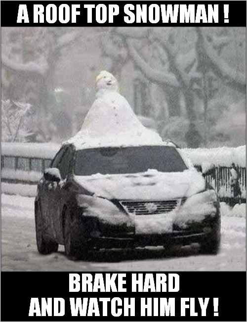 A Snowy Driving Challenge ! | A ROOF TOP SNOWMAN ! BRAKE HARD AND WATCH HIM FLY ! | image tagged in cars,snowman,challenge | made w/ Imgflip meme maker