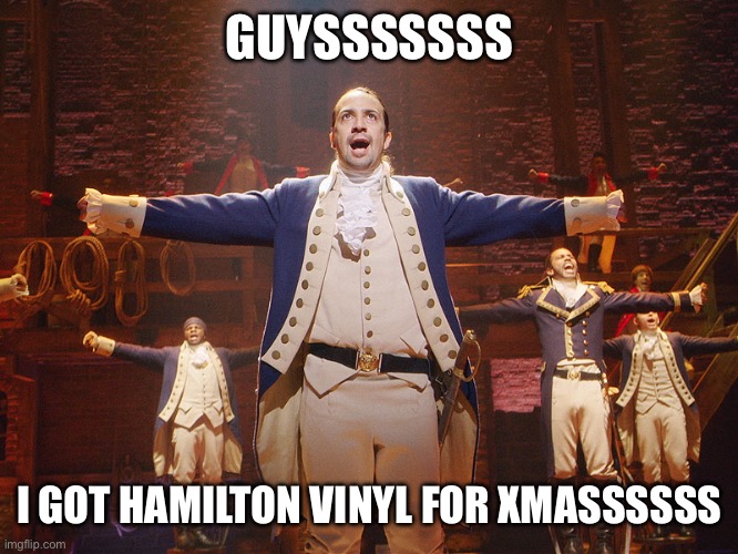Thought I’d put this here cause theater kids are usually gay | GUYSSSSSSS; I GOT HAMILTON VINYL FOR XMASSSSSS | image tagged in hamilton,theater,xmas,christmas,christmas presents,alexander hamilton | made w/ Imgflip meme maker