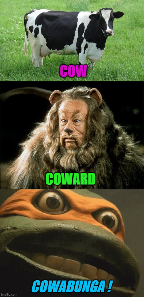 3X The Fun | COW; COWARD; COWABUNGA ! | image tagged in cow,cowardly lion,michaelangelo,clever,meme | made w/ Imgflip meme maker