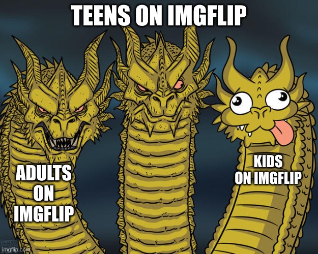 Battle of the ages | TEENS ON IMGFLIP; KIDS ON IMGFLIP; ADULTS ON IMGFLIP | image tagged in three-headed dragon | made w/ Imgflip meme maker