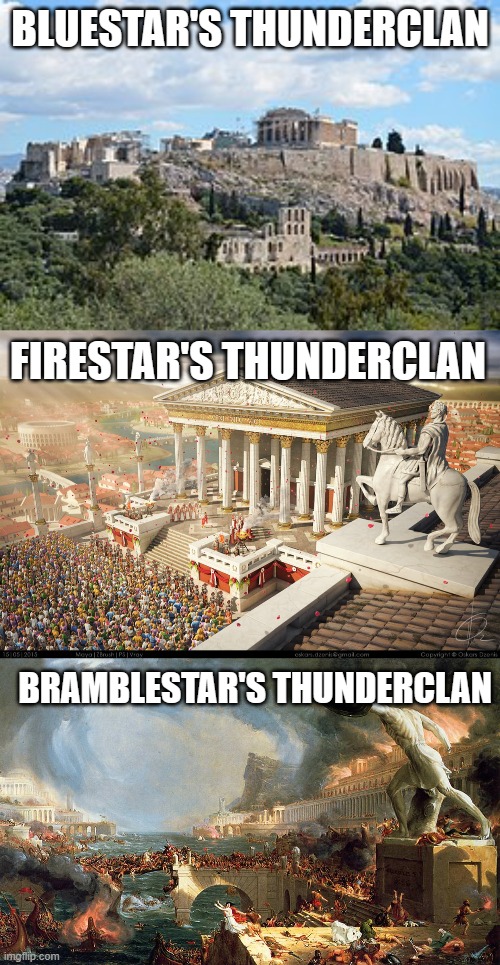 BLUESTAR'S THUNDERCLAN; FIRESTAR'S THUNDERCLAN; BRAMBLESTAR'S THUNDERCLAN | image tagged in greece,rome built in a day,fall of rome | made w/ Imgflip meme maker