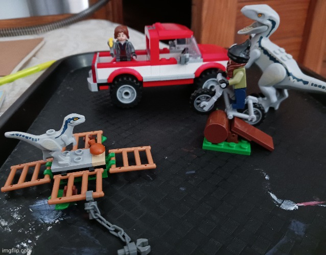 This is the finished set | image tagged in lego,jurassic world dominion,blue,velociraptor,pickup | made w/ Imgflip meme maker