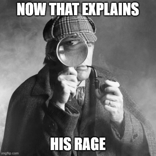 Sherlock Holmes | NOW THAT EXPLAINS HIS RAGE | image tagged in sherlock holmes | made w/ Imgflip meme maker