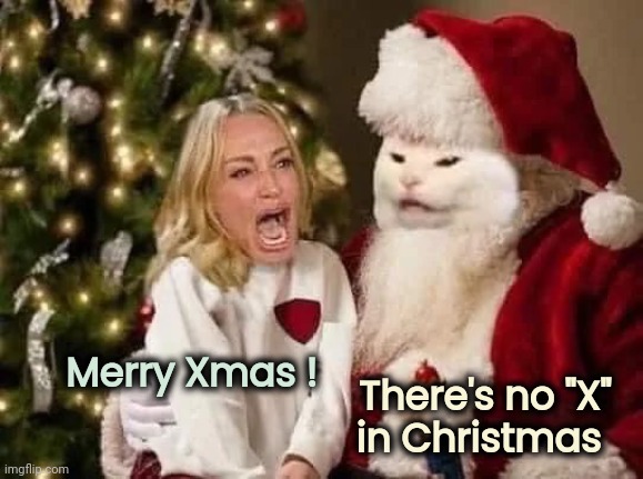 Sitting on Santa's lap | There's no "X"  
in Christmas; Merry Xmas ! | image tagged in woman yelling at cat,smudge the cat,merry christmas,overly attached girlfriend,mrs clause | made w/ Imgflip meme maker