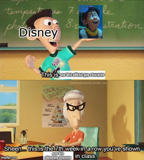 There's only so many time you can do this Disney | Disney your first official gay character our first official gay character | image tagged in sheen's show and tell,disney,gay | made w/ Imgflip meme maker