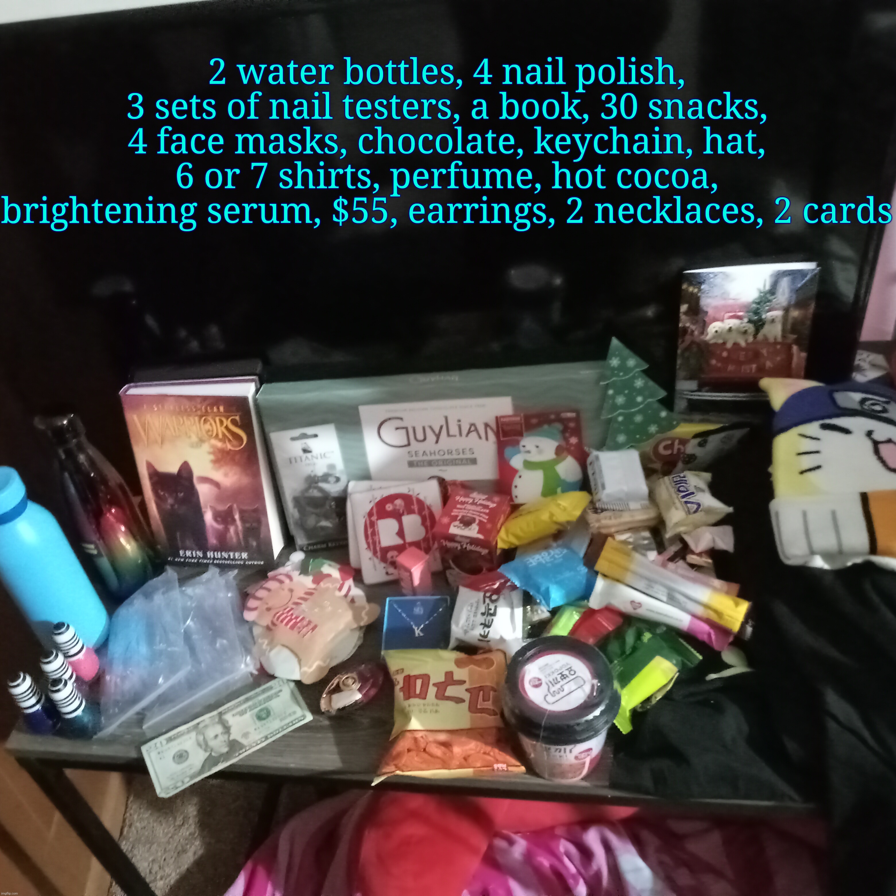 2 water bottles, 4 nail polish, 3 sets of nail testers, a book, 30 snacks, 4 face masks, chocolate, keychain, hat, 6 or 7 shirts, perfume, hot cocoa, brightening serum, $55, earrings, 2 necklaces, 2 cards | made w/ Imgflip meme maker