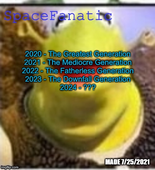 Ye Olde Announcements | 2020 - The Greatest Generation
2021 - The Mediocre Generation
2022 - The Fatherless Generation
2023 - The Downfall Generation
2024 - ??? | image tagged in spacefanatic announcement temp | made w/ Imgflip meme maker