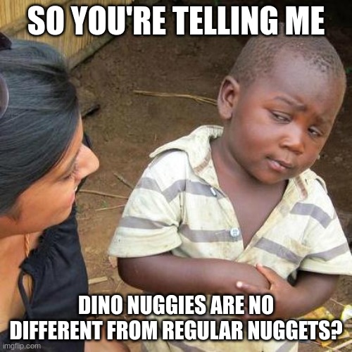 Third World Skeptical Kid | SO YOU'RE TELLING ME; DINO NUGGIES ARE NO DIFFERENT FROM REGULAR NUGGETS? | image tagged in memes,third world skeptical kid | made w/ Imgflip meme maker