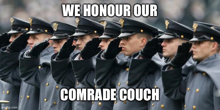 Military Salute | WE HONOUR OUR COMRADE COUCH | image tagged in military salute | made w/ Imgflip meme maker