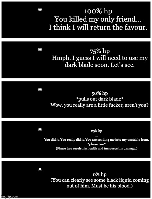 Gunslingers dialogue. | 100% hp
You killed my only friend…
I think I will return the favour. 75% hp
Hmph. I guess I will need to use my dark blade soon. Let’s see. 50% hp
*pulls out dark blade*
Wow, you really are a little fucker, aren’t you? 25% hp
…
You did it. You really did it. You are sending me into my unstable form.
*phase two*
(Phase two resets his health and increases his damage.); 0% hp
(You can clearly see some black liquid coming out of him. Must be his blood.) | image tagged in 4 undertale textboxes,undertale text box | made w/ Imgflip meme maker