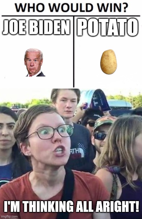 Who would win? | JOE BIDEN; POTATO; I'M THINKING ALL ARIGHT! | image tagged in memes,who would win,trigger a leftist,joe biden | made w/ Imgflip meme maker