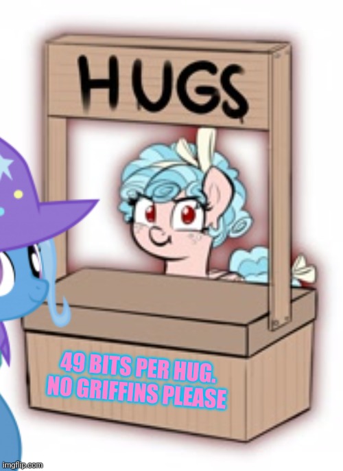 Just pay her. She's saving up for a shotgun... | 49 BITS PER HUG. NO GRIFFINS PLEASE | image tagged in cozy glow,evil,pony,mlp,hugs | made w/ Imgflip meme maker