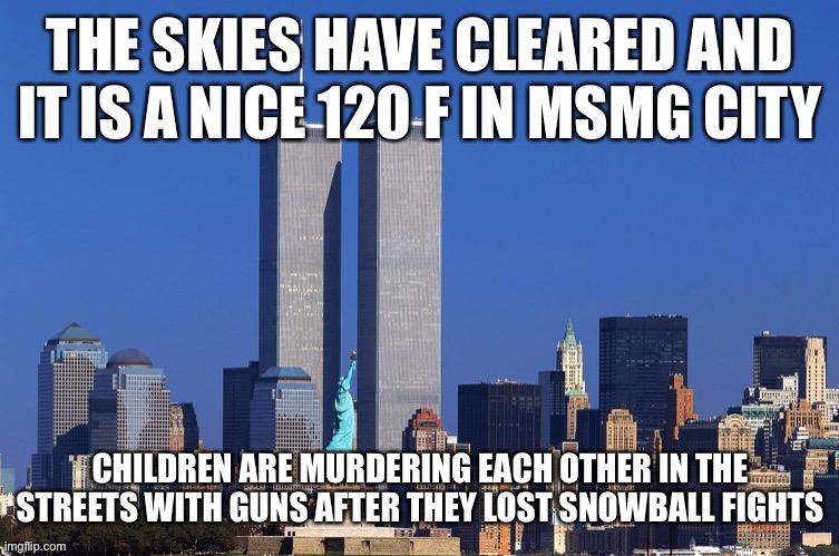 Twin Towers (Respects Payed) | THE SKIES HAVE CLEARED AND IT IS A NICE 120 F IN MSMG CITY; CHILDREN ARE MURDERING EACH OTHER IN THE STREETS WITH GUNS AFTER THEY LOST SNOWBALL FIGHTS | image tagged in twin towers respects payed | made w/ Imgflip meme maker