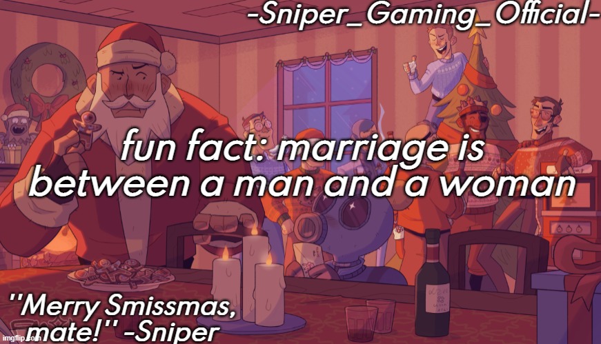 sniper gaming smissmas temp | fun fact: marriage is between a man and a woman | image tagged in sniper gaming smissmas temp | made w/ Imgflip meme maker