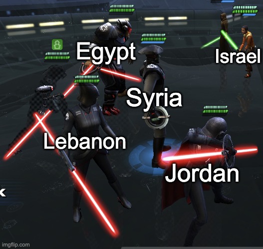 3 weeks war in a nutshell | Egypt; Israel; Syria; Lebanon; Jordan | image tagged in inquisitors vs ezra,history | made w/ Imgflip meme maker