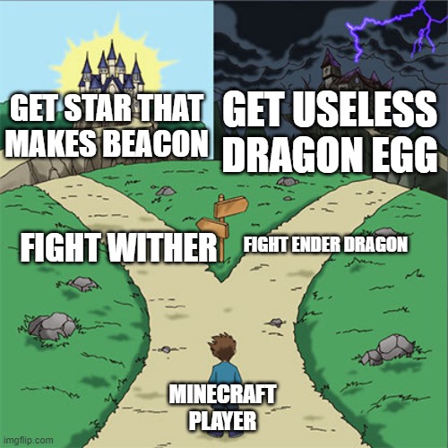 The boss | GET USELESS DRAGON EGG; GET STAR THAT MAKES BEACON; FIGHT ENDER DRAGON; FIGHT WITHER; MINECRAFT PLAYER | image tagged in two paths | made w/ Imgflip meme maker