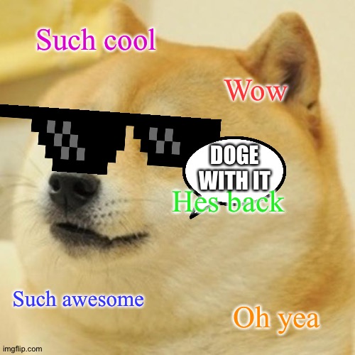 Doge Meme | Such cool; Wow; DOGE WITH IT; Hes back; Such awesome; Oh yea | image tagged in memes,doge | made w/ Imgflip meme maker