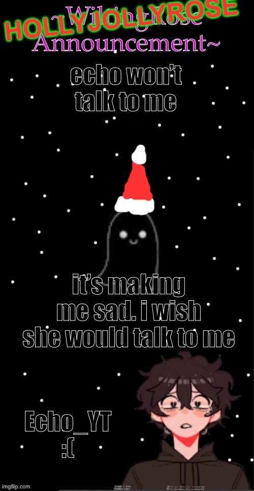 :( (she’s upset cuz she said something that hurt me and she feels bad but i still wanna talk) | echo won’t talk to me; it’s making me sad. i wish she would talk to me; Echo_YT :( | image tagged in hollyjollyrose announcement | made w/ Imgflip meme maker