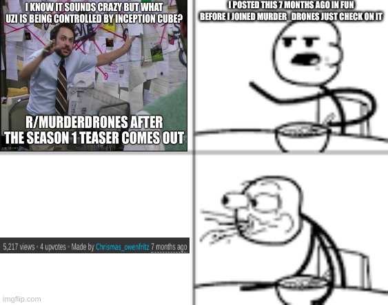 Lol there are murder droners in fun stream | I POSTED THIS 7 MONTHS AGO IN FUN BEFORE I JOINED MURDER_DRONES JUST CHECK ON IT | image tagged in man spiting out cereal | made w/ Imgflip meme maker