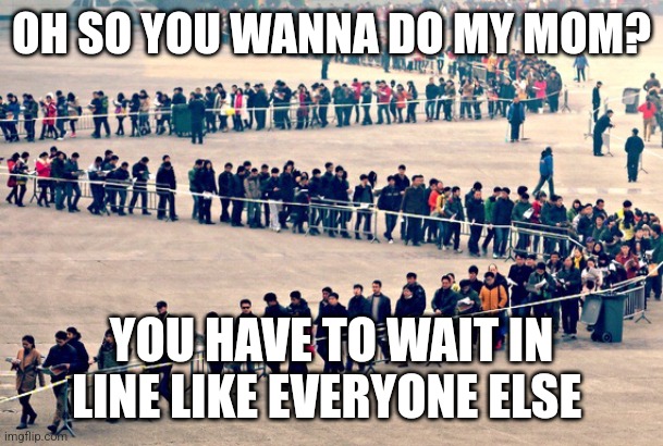 Wait In line | OH SO YOU WANNA DO MY MOM? YOU HAVE TO WAIT IN LINE LIKE EVERYONE ELSE | image tagged in long line,ur mom,your mom,memes | made w/ Imgflip meme maker