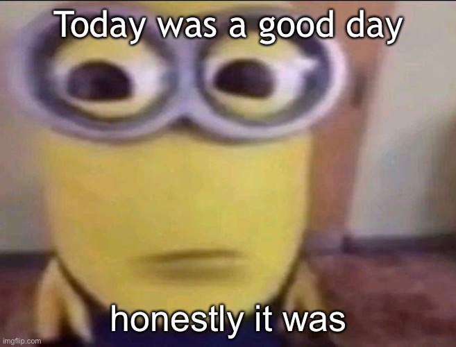 nothin went wrong and i watched movies and ate food B) infinity outta 10 Christmas imo | Today was a good day; honestly it was | image tagged in minion stare | made w/ Imgflip meme maker