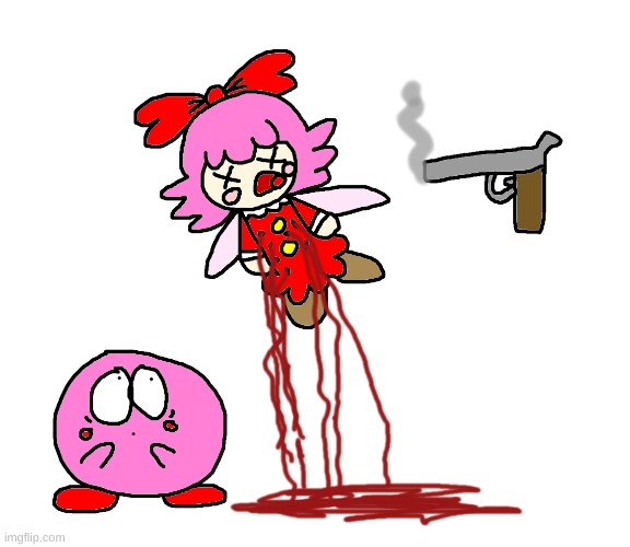 Ribbon dies from getting shot too many times | image tagged in kirby,gun,funny,cute,death,fanart | made w/ Imgflip meme maker