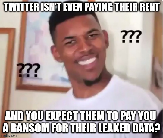 Wishful thinking | TWITTER ISN'T EVEN PAYING THEIR RENT; AND YOU EXPECT THEM TO PAY YOU 
A RANSOM FOR THEIR LEAKED DATA? | image tagged in confused nick young | made w/ Imgflip meme maker