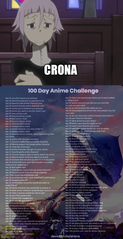 Day 20 | CRONA | image tagged in crona soul eater,100 day anime challenge | made w/ Imgflip meme maker