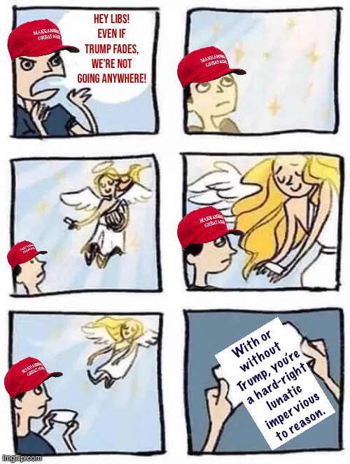 Republicans don’t have a Trump problem. They have a Trump-voter problem. | Hey libs! Even if Trump fades, we’re not going anywhere! With or without Trump, you’re a hard-right lunatic impervious to reason. | image tagged in maga tumblr angel | made w/ Imgflip meme maker