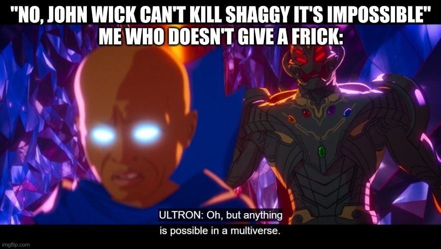 Oh, but anything is possible in a multiverse | "NO, JOHN WICK CAN'T KILL SHAGGY IT'S IMPOSSIBLE"
ME WHO DOESN'T GIVE A FRICK: | image tagged in oh but anything is possible in a multiverse | made w/ Imgflip meme maker