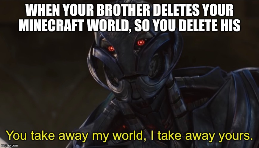 get ultroned boi | WHEN YOUR BROTHER DELETES YOUR MINECRAFT WORLD, SO YOU DELETE HIS | image tagged in you take away my world i take away yours | made w/ Imgflip meme maker