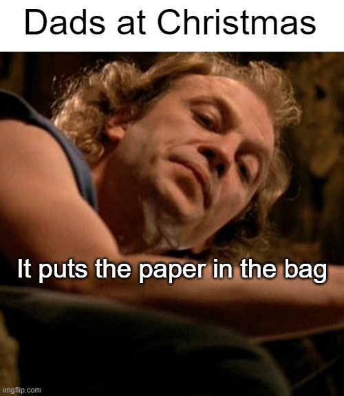 Merry Christmas, ya filthy animal | Dads at Christmas; It puts the paper in the bag | image tagged in buffalo bill | made w/ Imgflip meme maker