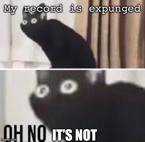 Records expunged? | My record is expunged IT’S NOT | image tagged in oh no cat,think about it,records | made w/ Imgflip meme maker