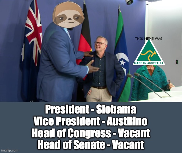 Big Tent Alliance lineup so far, if you don't vote Big Tent Alliance, vote Common Sense instead, Never CRT | President - Slobama
Vice President - AustRino
Head of Congress - Vacant
Head of Senate - Vacant | image tagged in shaquille o neill meets anthony albanese,slobama,albo,austrino | made w/ Imgflip meme maker