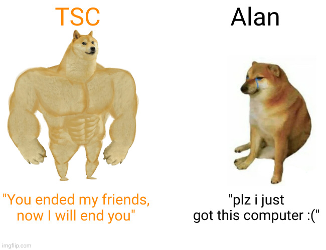 dont mess with tsc | TSC; Alan; "You ended my friends, now I will end you"; "plz i just got this computer :(" | image tagged in memes,buff doge vs cheems,i don't really have strong opinions,funny memes | made w/ Imgflip meme maker