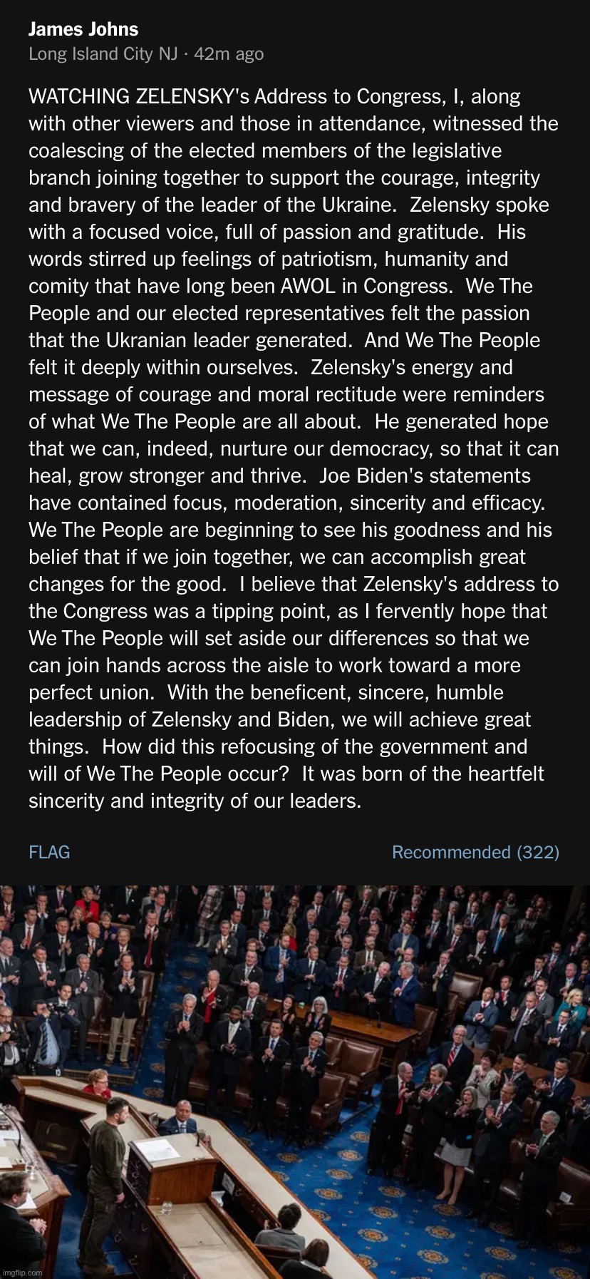 Some speeches really do change the world. Zelensky's historic speech before a fully-assembled Congress might be one of them. | image tagged in zelensky speech reaction nyt comment,zelensky speech at u s congress,ukraine,ukrainian lives matter,congress,democracy | made w/ Imgflip meme maker